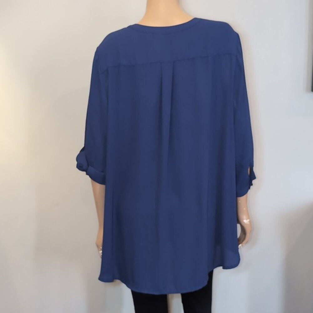 Reitmans Vneck Flowy Blouse Boyfriend Shirt Roll Tab Pleated Notched Tunic Top - Picture 7 of 12
